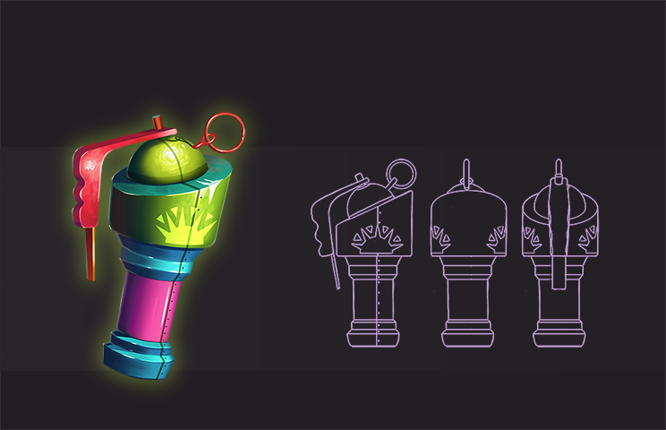 2D game art - weapon concept art design -weapon model sheet - Game art of a colorful, stylized grenade featuring a vibrant design with a green spherical top, pink and blue body, and red handle.