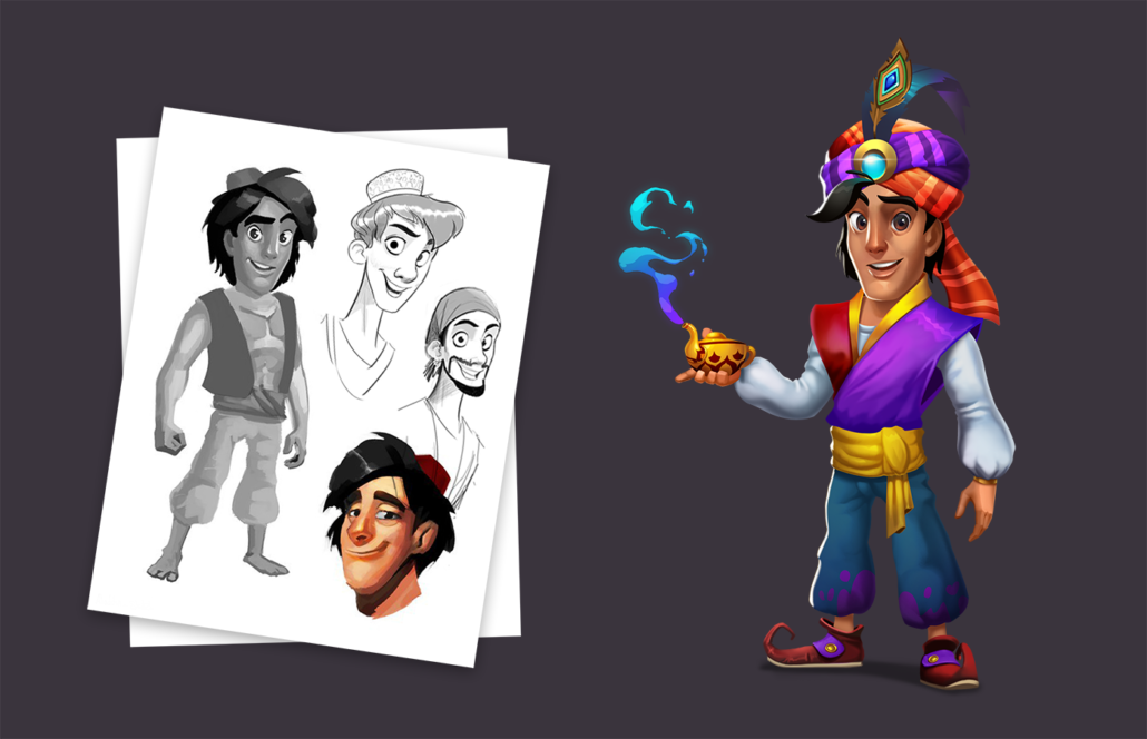 Aladdin character concept art - Concept art of a cartoon character inspired by a traditional Arabian figure