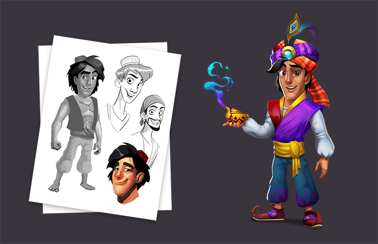 Aladdin character concept art - Aladdin character concept art - Concept art of a cartoon character inspired by a traditional Arabian figure