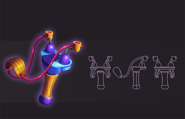 2D game weapon design -weapon model sheet - prop design - 2D Game art of a colorful, stylized slingshot shown from the front
