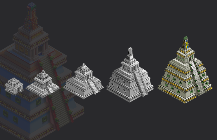 Asset concept art - Concept art of pyramid structures in various stages of development