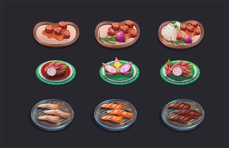 2D game asset design - 2D game art - prop design - Game art of various food dishes displayed on plates