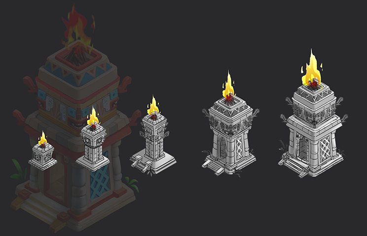 Asset concept art - Concept art of torch-like structures in various stages of development