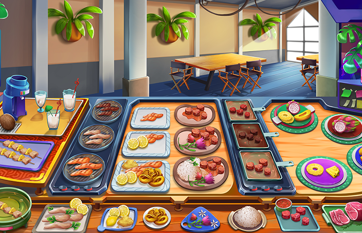 2D restaurant game art - Illustration - 2D game art - Game art depicting a vibrant buffet table filled with various food dishes