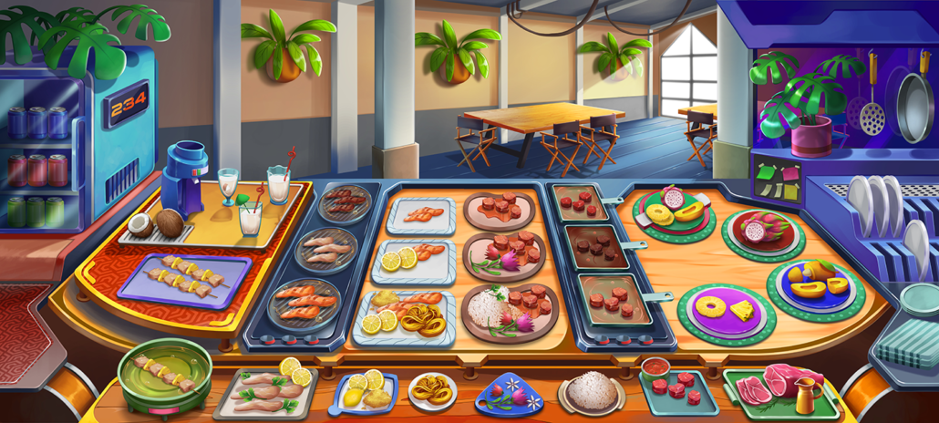 2D restaurant game art - Illustration - 2D game art - Game art depicting a vibrant buffet table filled with various food dishes