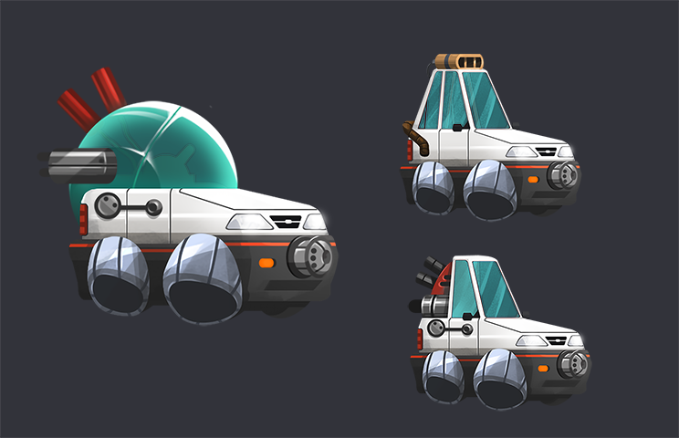 2D game vehicle design in 3 level - 2D game art - prop design