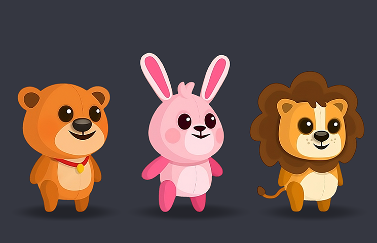 game character design - minimalist character design - 2D game character design - A lion, rabbit and bear on a gray background