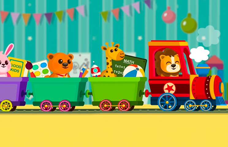 2D game art - Illustration - casual game art - A colorful children's train with animal characters and toys in each cart