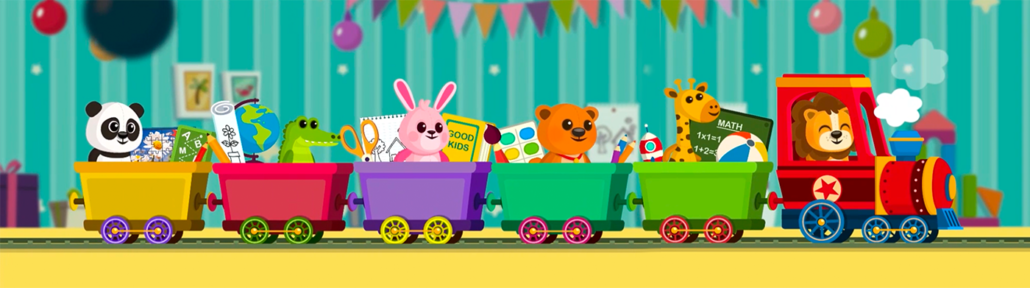 2D game art - Illustration - casual game art - A colorful children's train with animal characters and toys in each cart