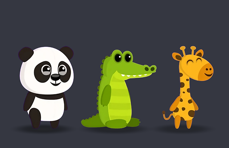 game character design - minimalist character design - 2D game character design - A panda, a crocodile and a giraffe with a smiling face