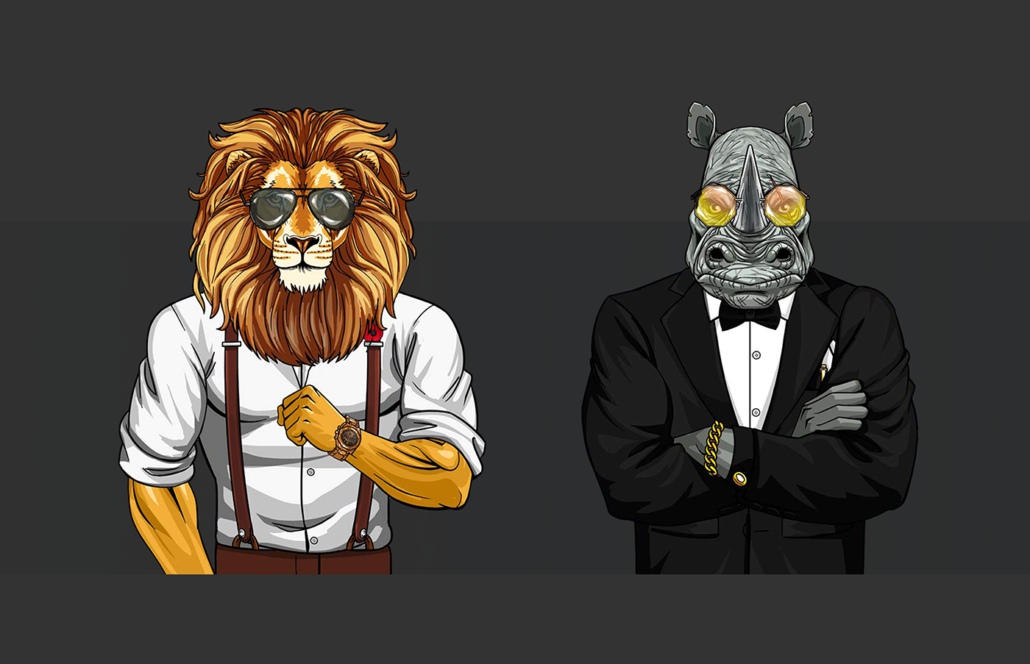 2D NFT character design -A lion wearing sunglasses and rhinoceros in a tuxedo with crossed arms.