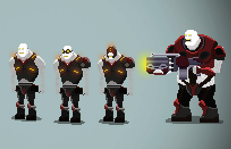 2D game character pixel art - Pixel art game character design featuring a large, menacing figure in black and red futuristic armor with glowing orange accents