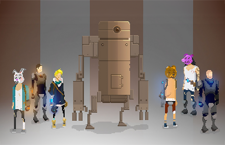 2D game pixel art - Pixel art game scene featuring a group of diverse characters standing around a large, brown robot