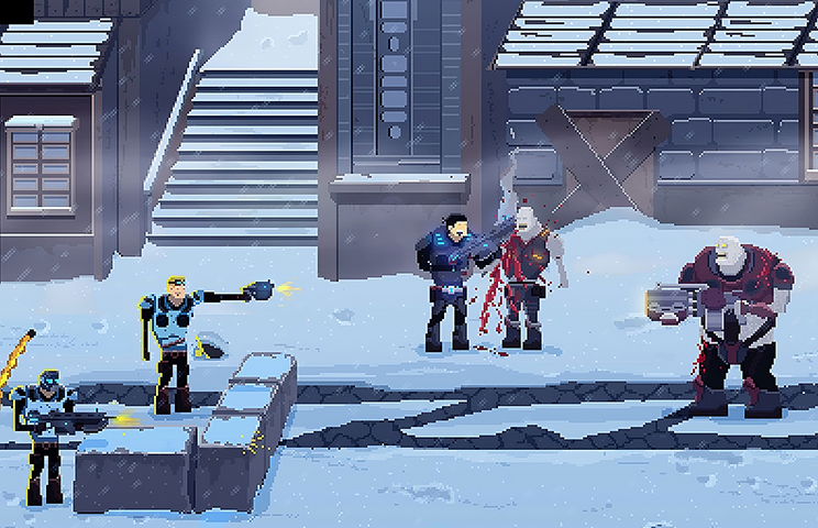 2D game pixel art - Pixel art game scene set in a snowy industrial area