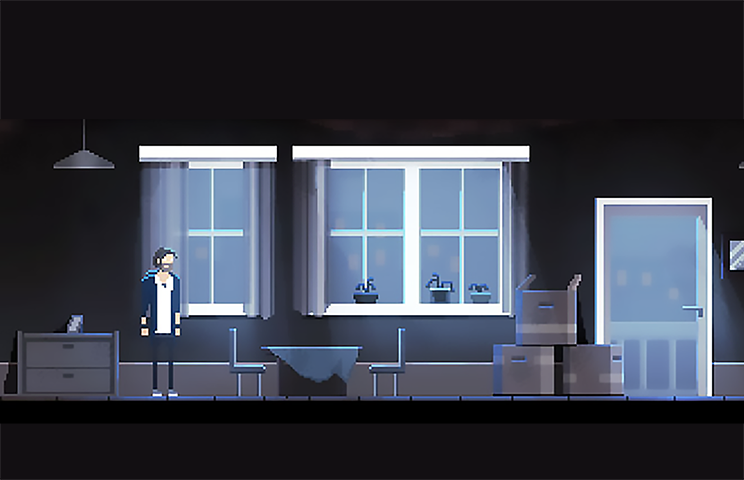 2D game pixel art - Pixel art game scene set in a dimly lit room with large windows. A character in a blue outfit stands on the left side of the room