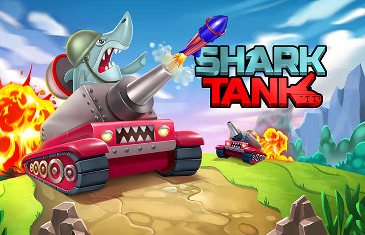 2D game art - Illustration - Game cover for "Shark Tank," depicting a shark operating a tank with a missile firing from its cannon