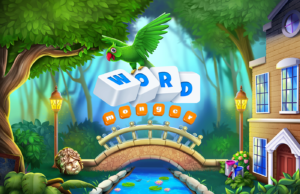 2D game art of colorful forest scene with stone bridge over a stream — illustration