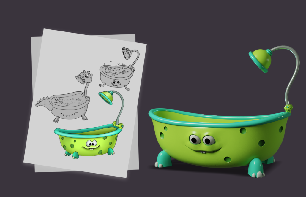 asset Concept Art - Concept art of a whimsical green bathtub with a character face design and a showerhead attachment.