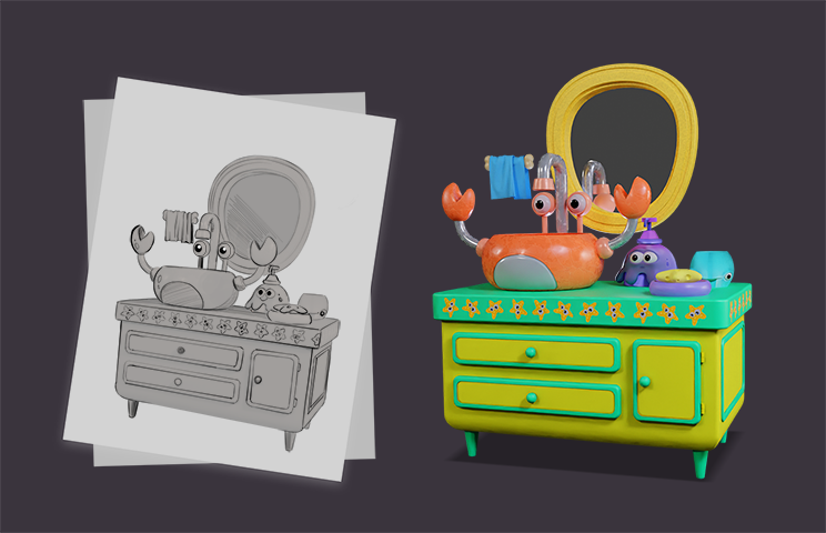 Concept Art - Concept art of a colorful vanity table with various accessories