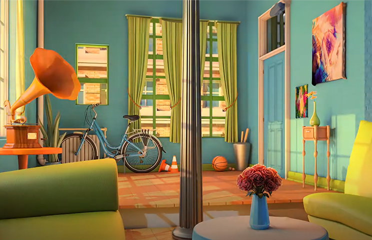 3D environment design - 3D environment modeling - A colorful, cozy living room with a blue bicycle, green curtains