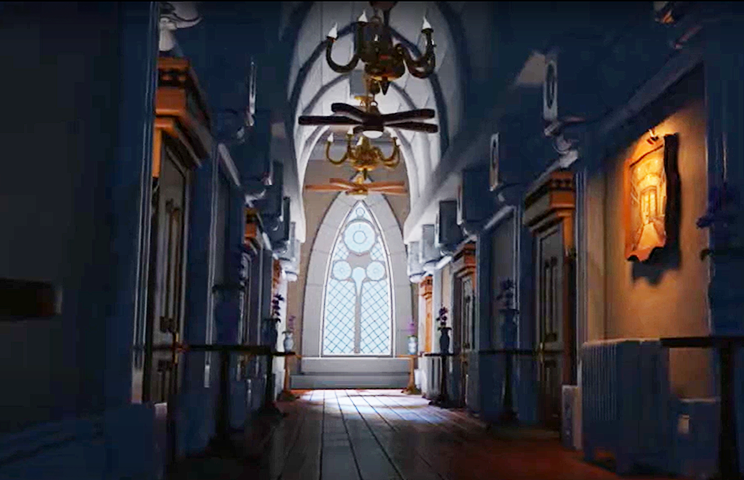 3D environment design - 3D environment modeling - "A dimly lit, medieval-style hallway with arched windows at the far end