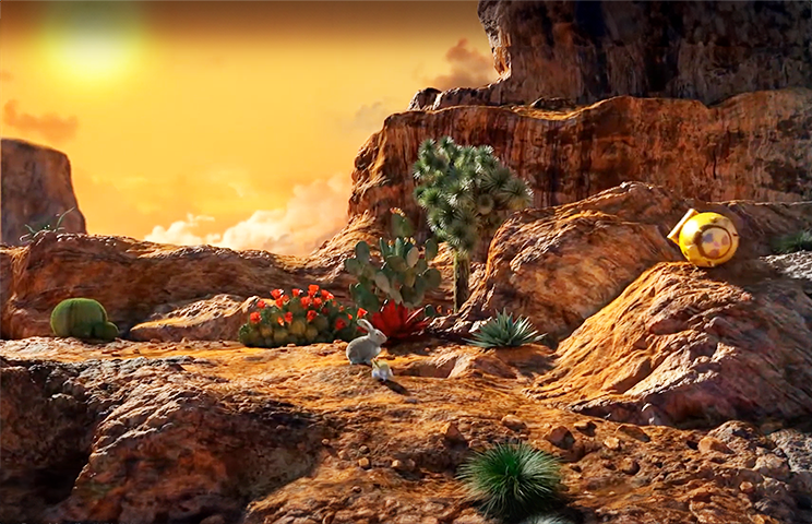 3D environment modeling - 3D environment design - A rocky desert landscape with various cacti and plants under a setting sun