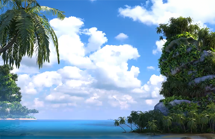 3D environment modeling - 3D environment design - A tranquil tropical beach scene with lush greenery, clear blue water, and a bright sky with fluffy clouds