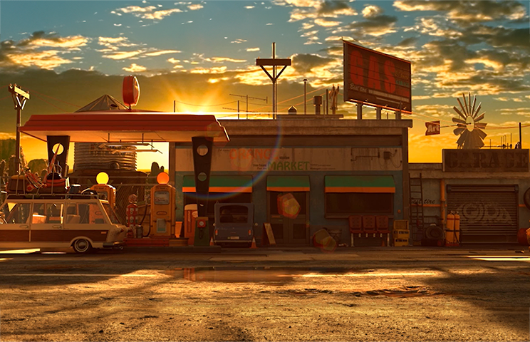 3D environment design - 3D environment modeling - A vintage gas station at sunset with an old van parked, creating a nostalgic atmosphere