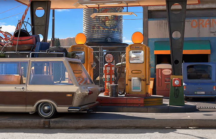 3D environment modeling- 3D environment design - Retro gas station with an old van parked, showcasing vintage fuel pumps and nostalgic details