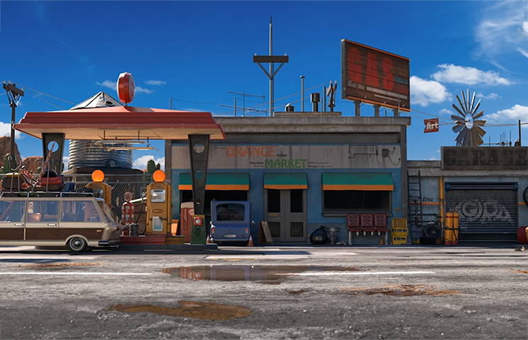 3D environment modeling - 3D environment design - Vintage gas station with retro signage, an old van, and a nostalgic atmosphere under a bright blue sky