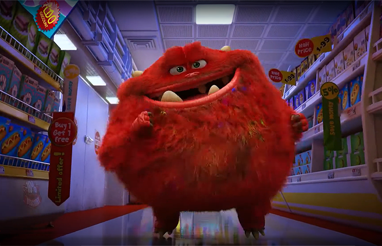 3D environment modeling - 3D environment design -Smiling red monster in a grocery store aisle