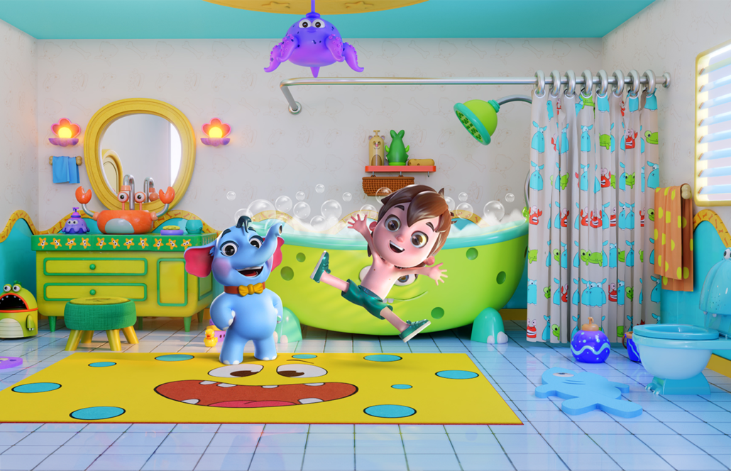 3D environment modeling - 3D environment design - A playful bathroom scene with a blue elephant and a boy jumping out of a bubble-filled bathtub, surrounded by colorful decor and toys