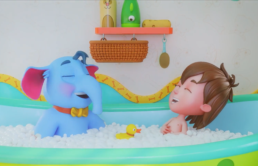 3D environment modeling - 3D environment design - A blue elephant and a boy enjoying a bubble bath together