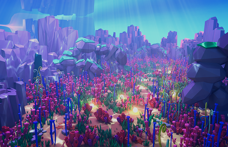 3D environment design - 3D environment modeling - A vibrant underwater landscape filled with colorful coral formations and rocky structures