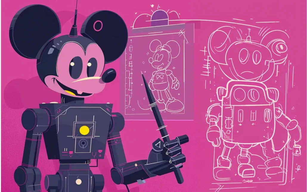 Robotic Mickey Mouse holding a pen