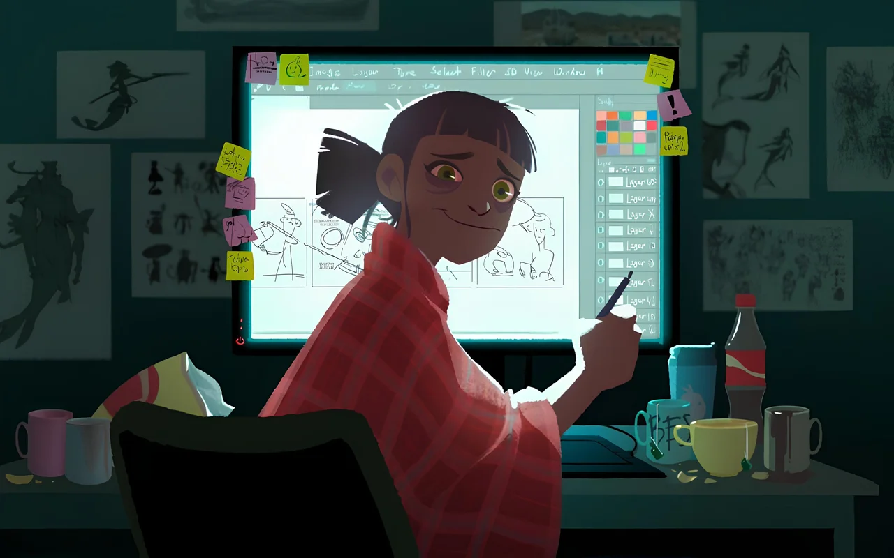 An animated girl with blanket on her shoulders. She look tired from drawing for a long time