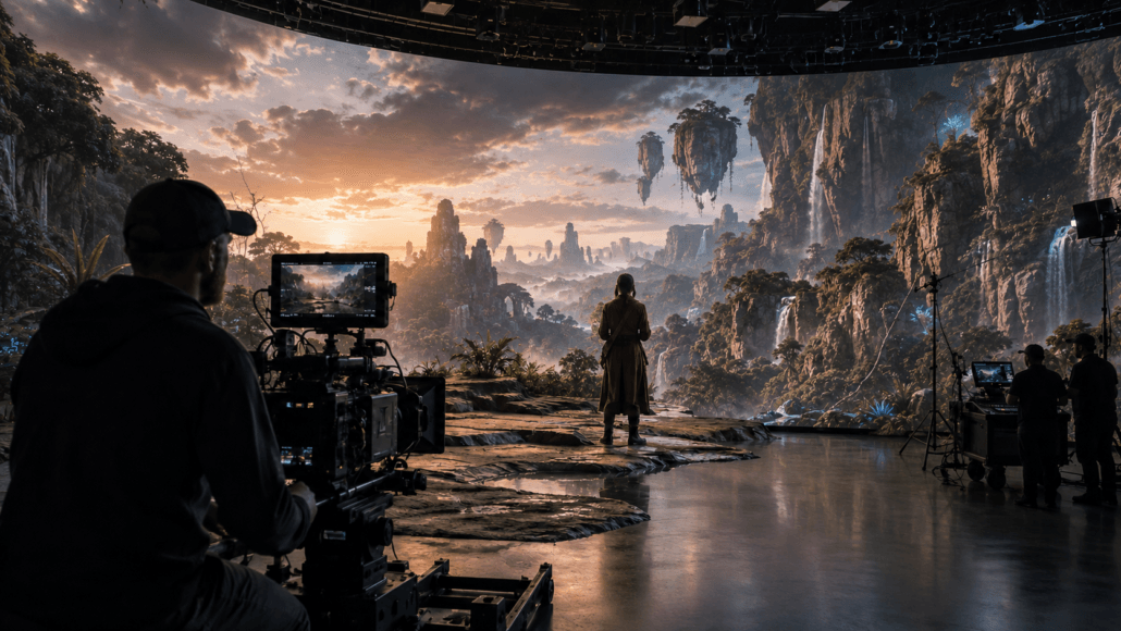 Virtual production stage combining a physical film set with an LED virtual environment