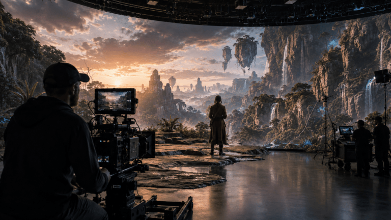 Virtual production stage combining a physical film set with an LED virtual environment
