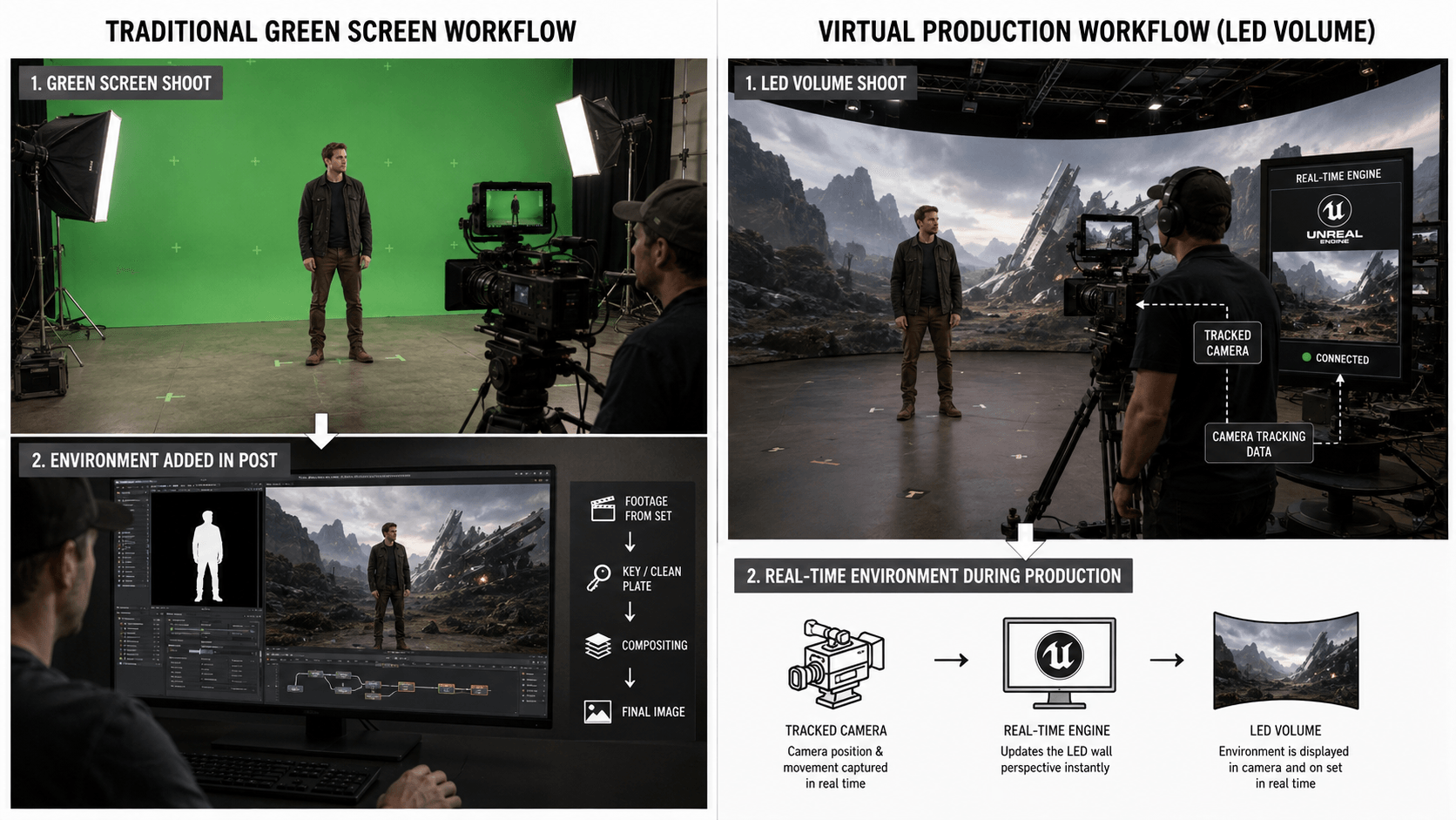 Traditional green screen production compared with an LED virtual production workflow Traditional green screen production compared with an LED virtual production workflow