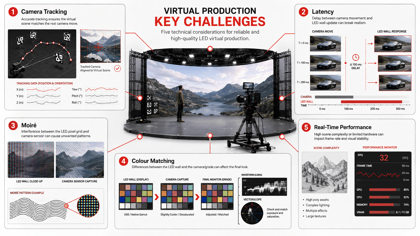 Common LED virtual production challenges including tracking latency moiré and color Common LED virtual production challenges including tracking latency moiré and color
