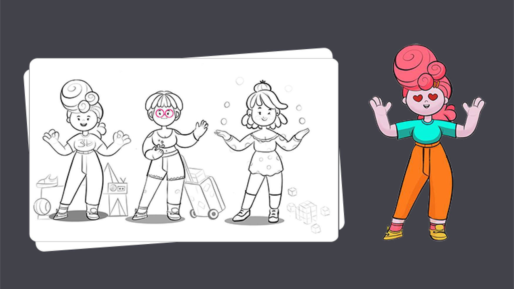 Character concept art - a character with pink hair and 3 concept art