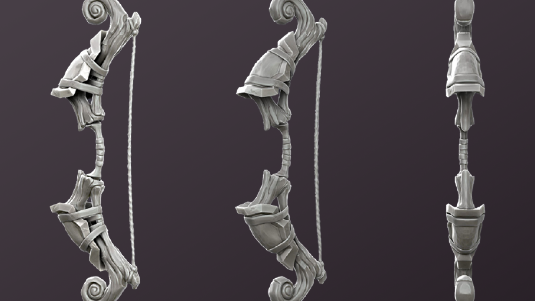 3D Game asset sculpting - 3D art - 3D sculpting - 3D sculpt of a fantasy-themed bow shown from three angles