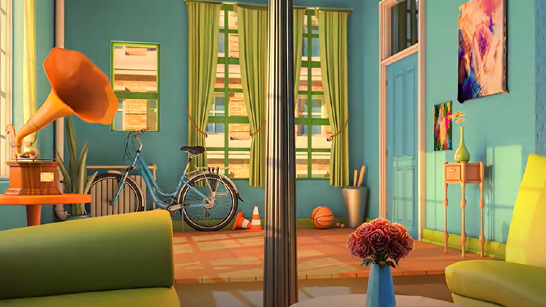 3D environment design of cozy living room with blue bike and green curtains