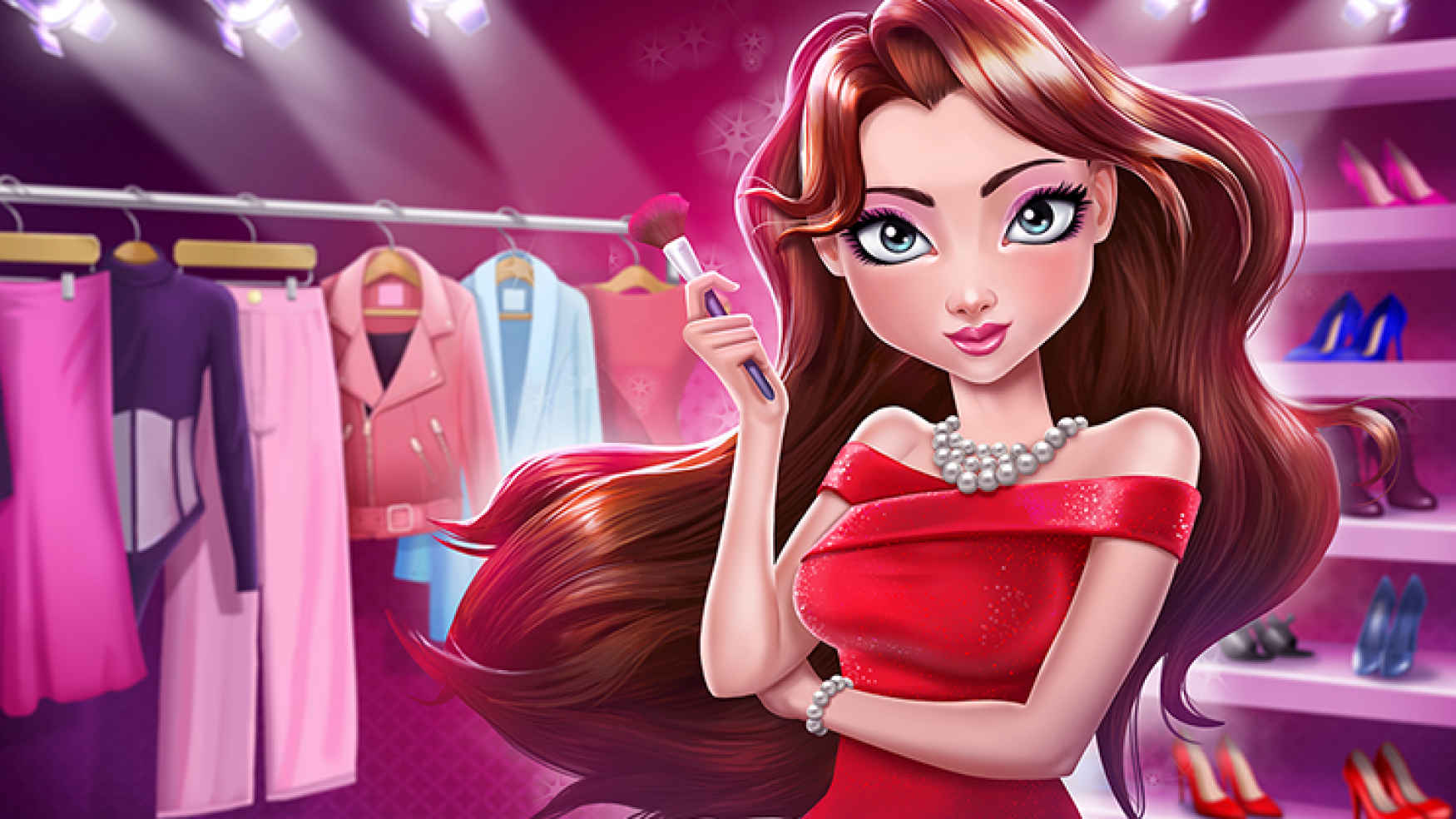 2D game art character - Illustration - casual game art - 2D game art - A girl with red dress in a closet room