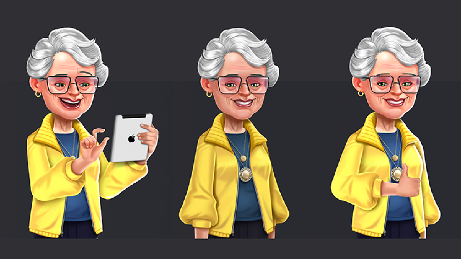 2D game character design - stylized character design - 2D grandma character design - game character design - a character with 3 poses