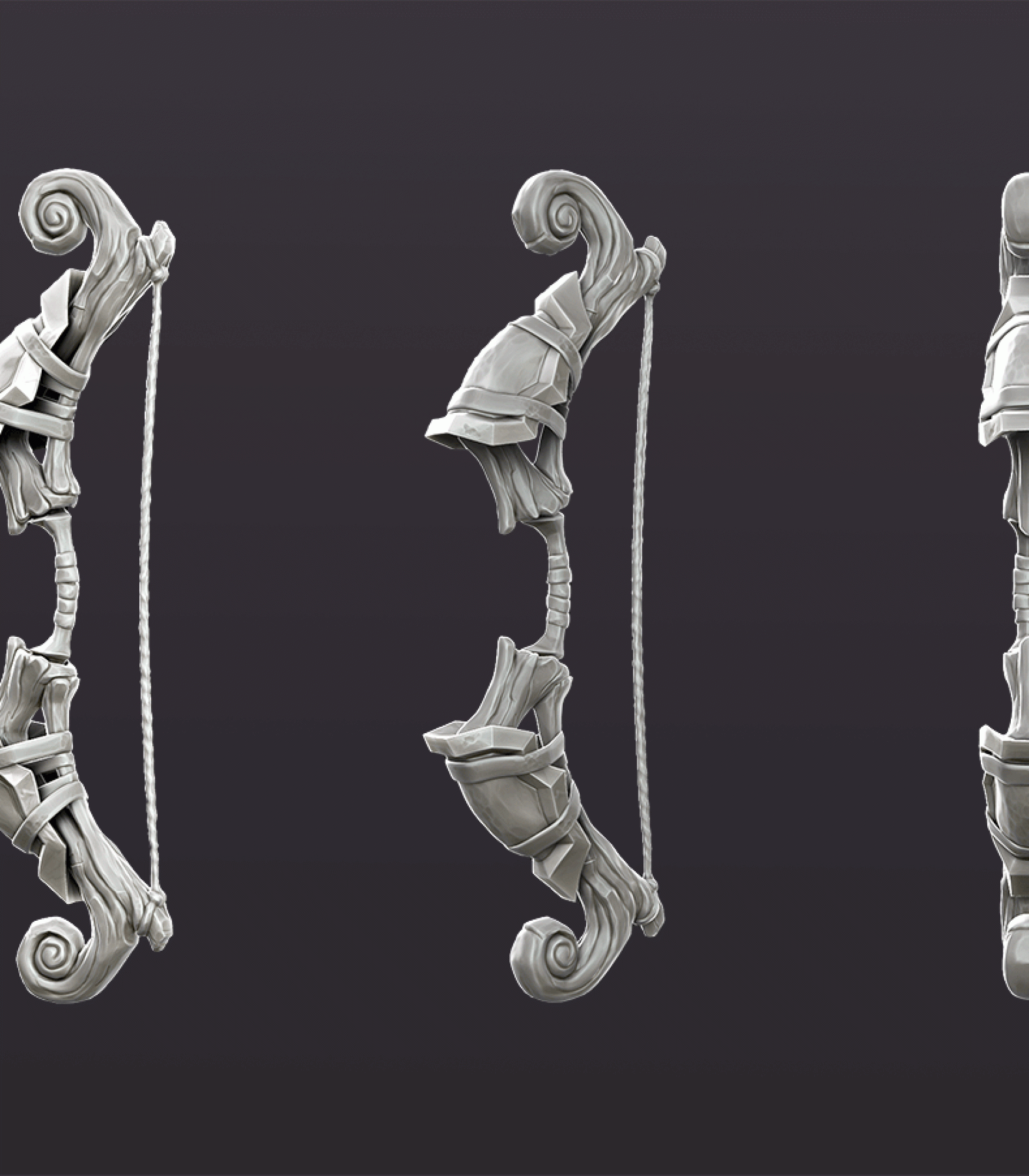 3D Game asset sculpting - 3D art - 3D sculpting - 3D sculpt of a fantasy-themed bow shown from three angles