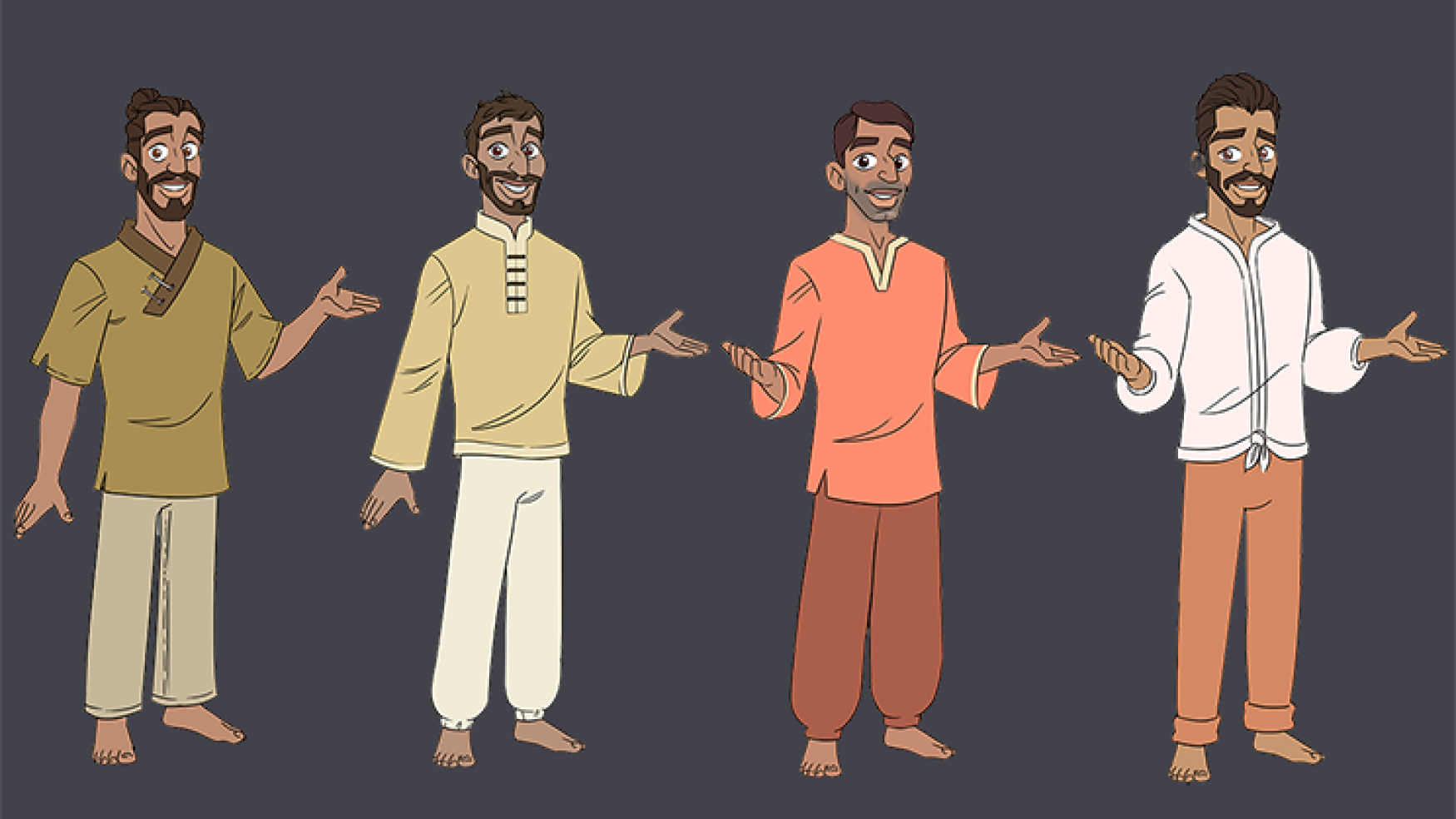 Character concept art - Concept art of a male character in four different outfits