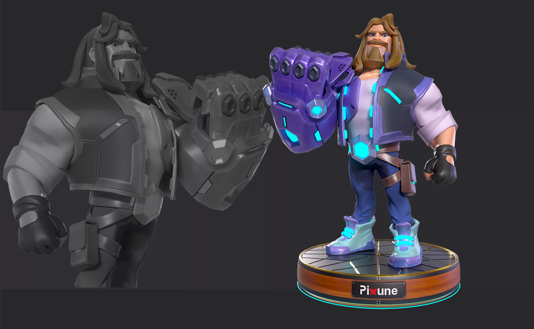 3D character modeling - game character design - stylized character design - 3D game character with big fist - a bearded man with long hair