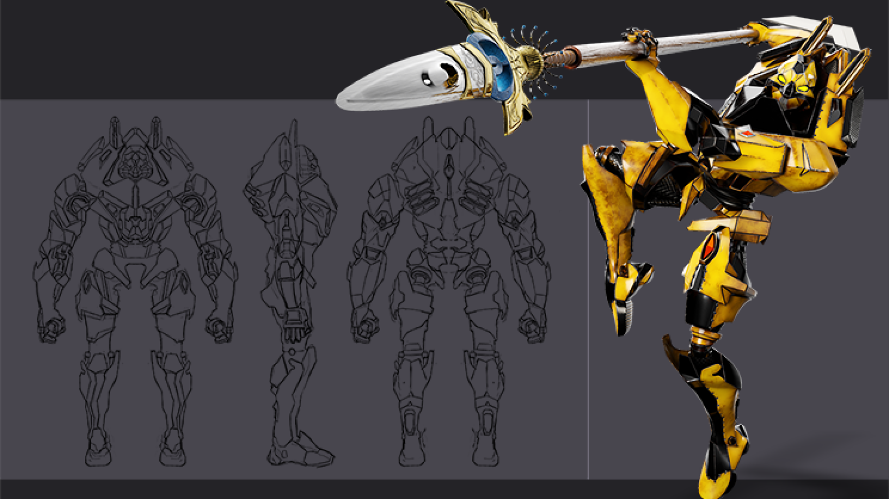 Character concept art - model sheet - Concept art of a futuristic robotic warrior in yellow and black armor