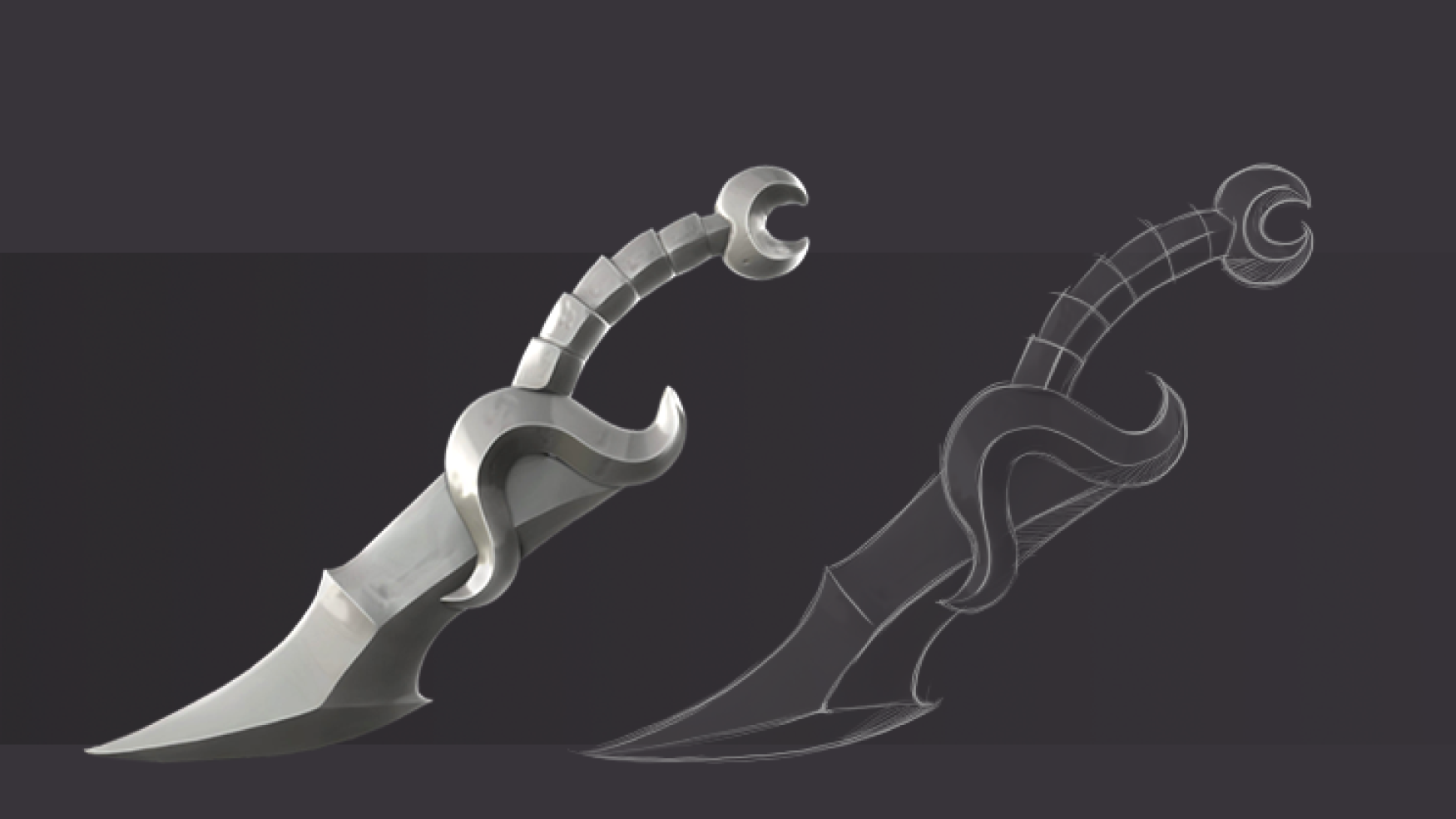 3D art - 3D sculpting - 3D weapon sculpting - 3D sculpt of a curved dagger with intricate handle design